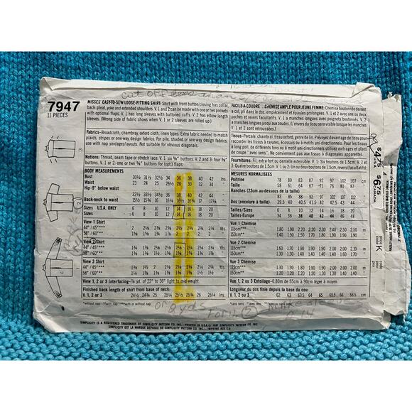 Simplicity 7947 Sewing pattern Button down shirt breast pockets size 10 12 14 - Picture 3 of 5